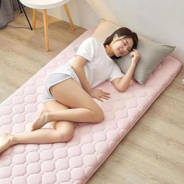 Imagem de Colchão de chão japonês, colchão futon japonês, colchão de acampamento dobrável e portátil Shikibuton, almofada de dormir portátil macia e dobrável, rosa, 150 x 200 cm