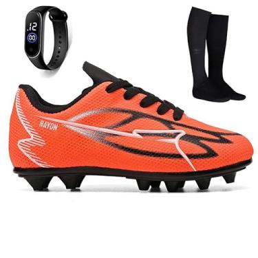 Imagem de Kit Chuteira Infantil Futebol Meninos Trava Campo Grama Natural + Meião + Relogio