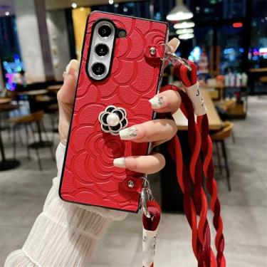 Imagem de Capa de couro crossbody com flor para Samsung Galaxy Z Fold 6 5 4 3 Fold6 Fold5 Fold4 Fold3 5G capa rígida, vermelha, para Galaxy Z Fold3