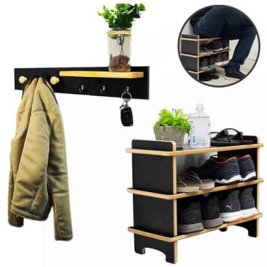 Imagem de Kit Sapateira Banco e Cabideiro Porta Chaves, Boné e Bolsas em MDF EVA
