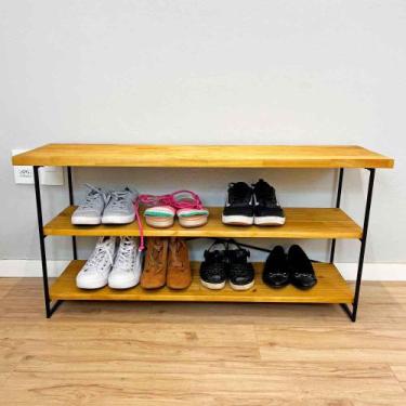 Imagem de Sapateira Banco Industrial de Ferro e Madeira Nozes e Preto - ArtFacto