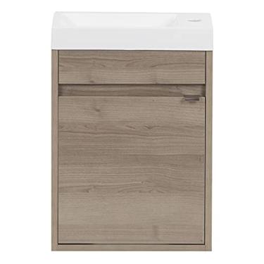 Imagem de Mill Cabinets Kambree 40 cm x 22 cm D 1 porta moderna pequena flutuante banheiro Vanity com pia de mármore cultivada branca, acabamento de olmo florestal