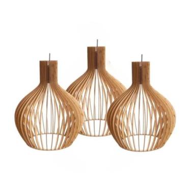 Imagem de 03 Pendentes De Teto Madeira Mdf Cor Cru 1 Metro De Fio - Tayshop
