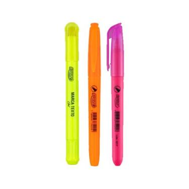 Imagem de 3 Caneta Pincel Marca Texto Fluorescente Amarelo Laranja Rosa - T10OFF