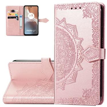 Imagem de Monwutong Capa carteira para Motorola G32, capa flip de couro PU em relevo mandala com fecho magnético e compartimentos para cartão de dinheiro coldre para Moto G32, MTL ouro rosa