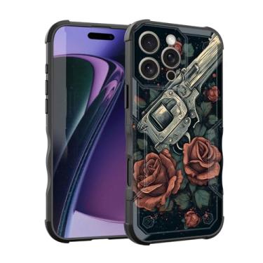 Imagem de EFGWSDER Capa para iPhone 16 Pro Max, [camada dupla][proteção contra quedas de grau militar de 3 m], capa resistente à prova de choque para iPhone 16 Pro Max 6,9 polegadas 2024, armas e flores rosa