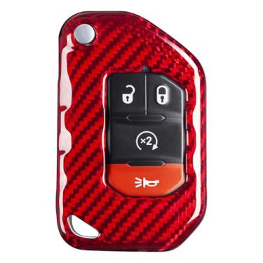 Imagem de T-carbon Capa para chave de Jeep, protetor de chave de fibra de vidro real serve para Jeep Wrangler JL JLU Rubicon Sahara JLU Gladiator JT Acessórios de chave de controle remoto 2018-2024 (vermelho)