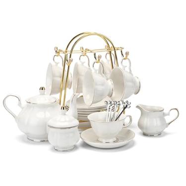 Imagem de Conjunto de chá de 22 peças de porcelana cerâmica café chá conjuntos de presente xícaras pires serviço para 6 bule de chá, tigela de açúcar, jarra de creme e colheres de chá (BRANCO3)