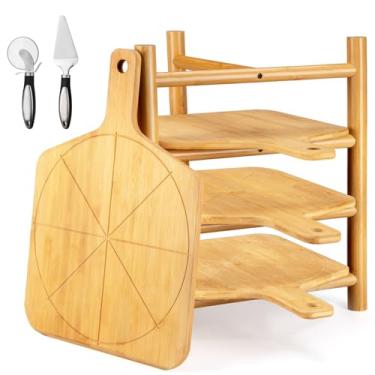 Imagem de 4 peças de pizza descascadas com suporte, tábua de corte de pizza lisa com 6 sulcos de fatia, bandeja de servir premium com roda de corte de pizza de aço inoxidável e pá de pizza