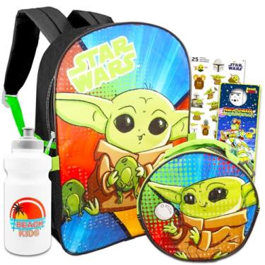 Imagem de Conjunto de mochila e lancheira Baby Yoda para crianças – Pacote com mochila Baby Yoda de 40,6 cm, lancheira Star Wars, adesivos, garrafa de água, mais | Mochila Mandalorian para meninos