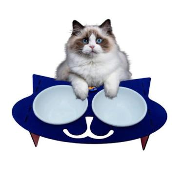 Imagem de Comedouro e Bebedouro Elevado para Gatos  2 Potes de 400ml, Antivazame