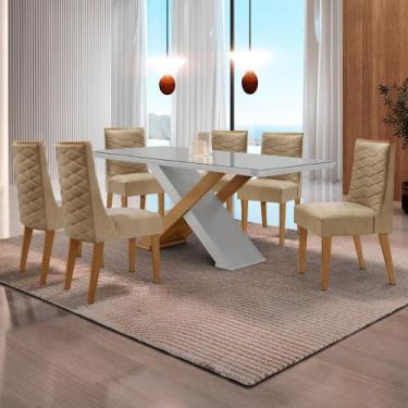 Imagem de Mesa para Sala de Jantar Carol 180cm MDF Canto Copo com Vidro e 6 Cade
