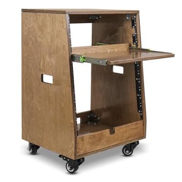 Imagem de Sound Town Rack de estúdio inclinado 12U DIY (4U superior + 8U inferior), com armazenamento inferior 2U, bandeja deslizante, rodízio, madeira compensada, marrom envelhecido para sala de gravação
