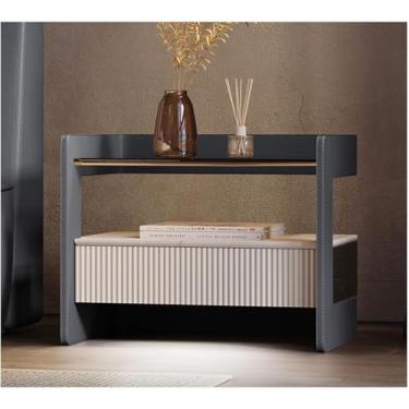 Imagem de Mesa de cabeceira moderna com sensor de luz inteligente e gaveta de madeira mesa de cabeceira de vidro minimalista mesa lateral lateral de couro armário de cabeceira para quarto, azul, 55 x 37 x 48 cm