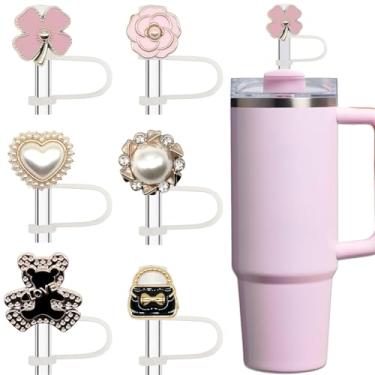 Imagem de Amreich Topos de palha brilhantes para copo Stanley - 6 peças de tampa de palha brilhante com design de strass pérola rosa branco preto capas de palha 10 mm/0,4 pol. acessórios de palha para meninas