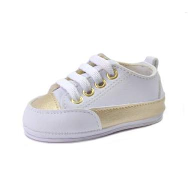Imagem de Sapatinhos Bebê-Tenis recém-nascido primeiros passos, forrado com tecido espumado 14ao20 baby 1001B (Branco Dourado, BR, Bebê, Numérico, 16)