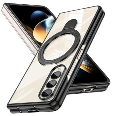 Imagem de Capa compatível com Galaxy Z Fold 4 com suporte transparente O-Ring, compatível com suporte magnético para celular para carro [carregamento sem fio] Capa Slim Fit antiarranhões à prova de choque para
