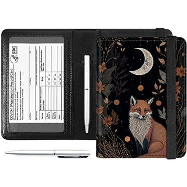 Imagem de Combo de porta-cartões de passaporte e vacina, couro PU com bloqueio de RFID, capa para passaporte para mulheres, capa de couro para carteira de passaporte de viagem com faixa elástica, com caneta,