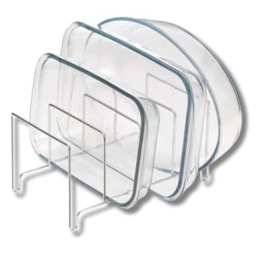 Imagem de Porta Refratário frigideiras tábuas e Assadeiras Organizador de Armário Suporte Aramado Cozinha Cromado 27cm x 15cm x 13cm