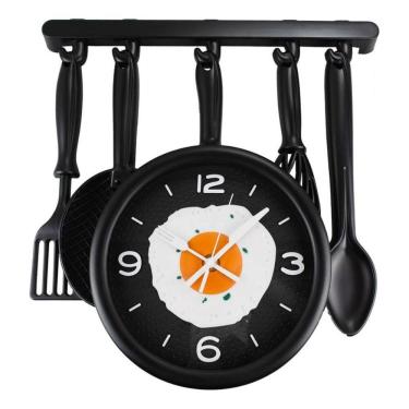 Imagem de Relógio Parede Cozinha Criativo Talheres Frigideira Preto
