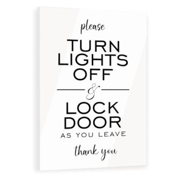 Imagem de Placa de acrílico transparente "Please Turn Lights Off and Lock Door as You Leave" – Acabamento moderno semelhante a vidro para aluguéis, escritórios e espaços compartilhados (branco, 8,9 cm x 12,7