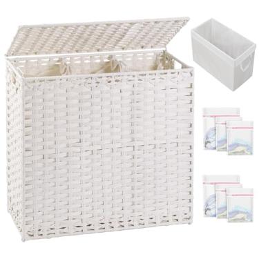 Imagem de SETVSON Cesto de roupa suja com tampa, cesto de roupa de 132 L, cesto de vime, cesto de vime tecido à mão com alças e 4 sacos de forro removíveis, 6 sacos de malha para lavanderia quarto branco