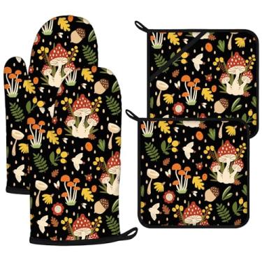 Imagem de Conjuntos de luvas de forno de cogumelo e suportes de panela, 4 peças, luvas de forno extralongas para cozinha, cozinhar, assar, churrasco, 100% algodão, resistente ao calor