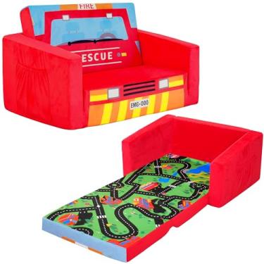 Imagem de MallBest Sofás infantis sofá-cama infantil sofá estofado para bebê cadeira de festa do pijama reclinável aberta (vermelho/caminhão de bombeiros)