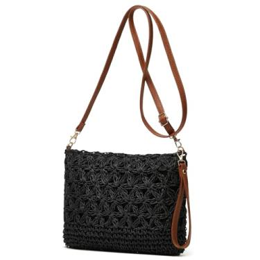 Imagem de Bolsa quadrada de palha de praia para mulheres bolsa de vime bolsa transversal de palha de verão bolsa de ráfia feita à mão bolsa de ombro bolsa de ombro 2025, Preto