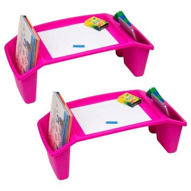 Imagem de Mind Reader Mesa de colo infantil, bandeja de atividades portátil com armazenamento lateral, mesa de plástico empilhável para desenhar, lanches, estudo, conjunto de 2, rosa