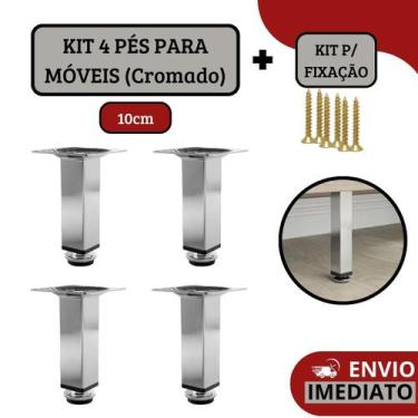 Imagem de Kit 4 Pé Para Móveis Armários Regulável Quadrado Cromado 10cm - HD Fer