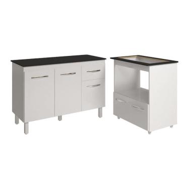 Imagem de Balcão Armário Gabinete Aline 118 Cm Branco Com Tampo Preto E Balcão Evelyn Para Cooktop 5 Bocas Branco