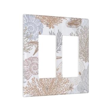Imagem de Yamxbfa Capas decorativas para tomada marrom, coral, estrela-do-mar, concha, oceano, praia, placa de parede com dois interruptores, placa de parede jumbo dupla GFCI para decoração de quarto