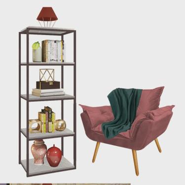 Imagem de Kit Poltrona Fatte com Manta Soft Verde e Estante Livreiro Ferro Marrom mdf Marmorizado Cinza Suede Rose Gold - Ahazzo Móveis
