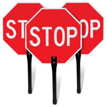 Imagem de OLANZU Pacote com 3 placas de parada portáteis 45,7 cm x 45,7 cm - Placa de parada de alumínio com alça de metal - Sinalização de trânsito dupla face - Placa refletiva de estrada