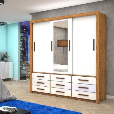 Imagem de Guarda-roupa 3 Portas Correr com Espelho 9 Gavetas Anjos Cinamomo/Branco