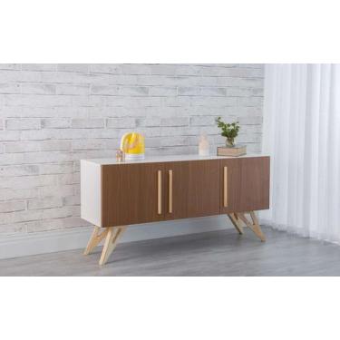 Imagem de Balcão Buffet Para Sala De Jantar Mdf Branco Pés Taeda 3 Portas Freijó