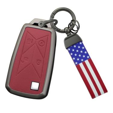 Imagem de HIBEYO Capa de chaveiro inteligente compatível com caminhonete Renault Camionete Gama Seris T C K Ignição Euro Couro e liga acessórios para chave com bandeira dos EUA chaveiro -C vermelho