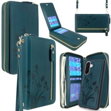 Imagem de Lacass Capa carteira para Samsung Galaxy A36 A56 5G, capa tipo carteira de couro magnético removível com zíper duplo, alça de pulso, 13 compartimentos para cartões, bolso para dinheiro (floral verde