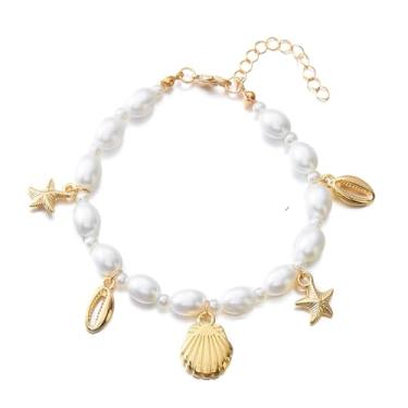 Imagem de Tornozeleiras femininas de estrela do mar com contas de pérolas, pingentes de animais marinhos, concha, havaiana, tornozeleira, verão, praia, impermeável, sandálias descalços conjunto de joias para