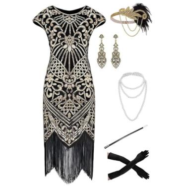 Imagem de 868A - Vestido de festa melindrosa vintage anos 20 com franjas Gatsby lantejoulas ombro vazado borla vestido coquetel melindrosa com acessórios, Onda dourada preta, 2X