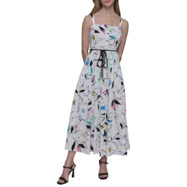 Imagem de KARL LAGERFELD Vestido longo feminino sem mangas com cinto de corda evasê, Branco macio multi, 40