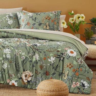 Imagem de Conjunto de edredom CASAAGUSTO King Size, verde, floral, 7 peças