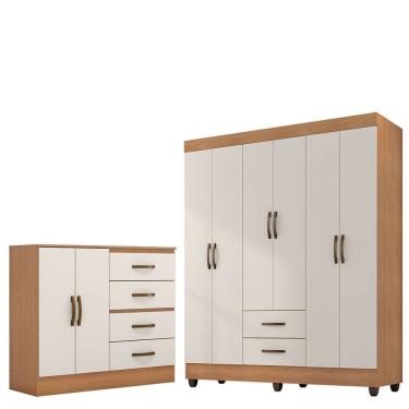 Imagem de Kit Guarda-Roupa Casal 6 Portas com Cômoda Sapateira 4 Gavetas Lisa