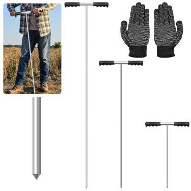 Imagem de Haste de sonda de solo com luvas, haste de sonda de tanque de aço inoxidável de 81 a 122 cm, ferramenta de haste de aterramento ajustável com alça em T resistente para localizar tanques, tubos