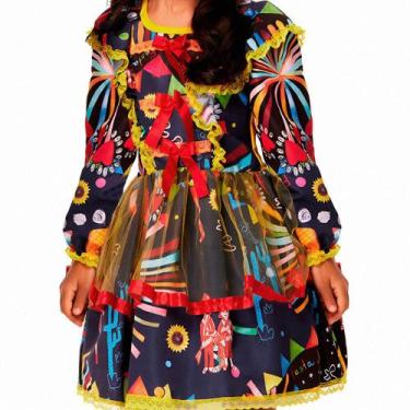 Imagem de Vestido Infantil para Meninas Festa Junina Manga Longa Azul e Estampa 
