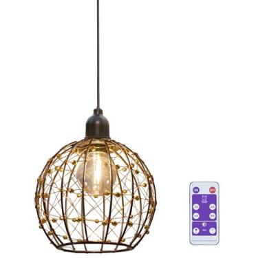 Imagem de EcoGehen Luzes pendentes operadas por bateria, lustre decorativo de ilha de cozinha para gazebo, lâmpada suspensa com temporizador remoto, lâmpadas de LED, lanterna de sombra de globo de metal para