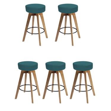 Imagem de Kit 05 Banqueta Alta Redonda Giratória Elsa Madeira Balcão Bistrô Cozinha Suede Azul Turquesa