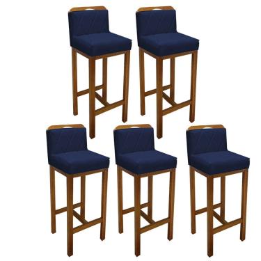 Imagem de Kit 05 Banqueta Alta Com Encosto Simon Cozinha Bistrô Base Madeira Carvalho Suede Azul Marinho