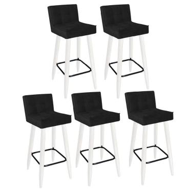 Imagem de Kit 05 Banqueta Alta Lucy Com Encosto Cozinha Bar Balcão Bistrô Pé Palito Branco Suede Preto